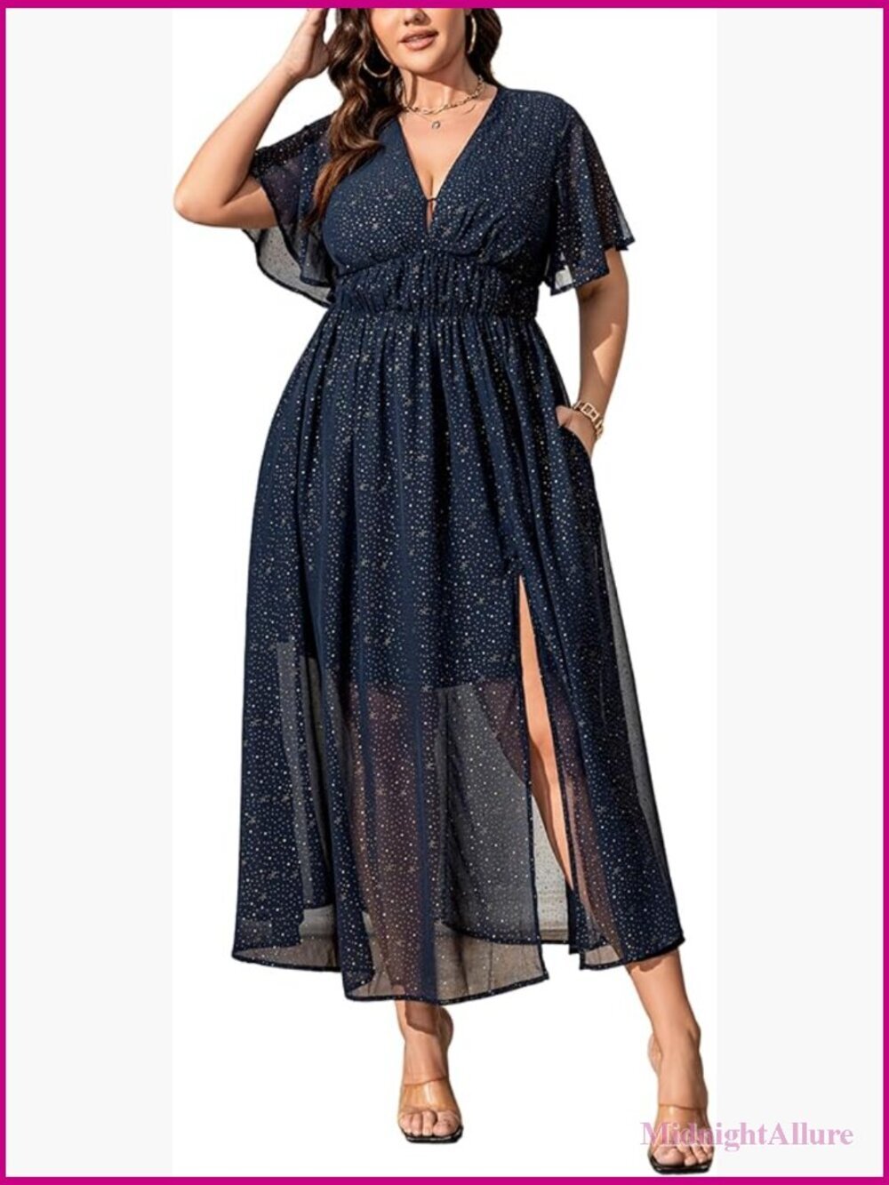 Star Print Deep V Neck Flutter Sleeve Dress with Pockets